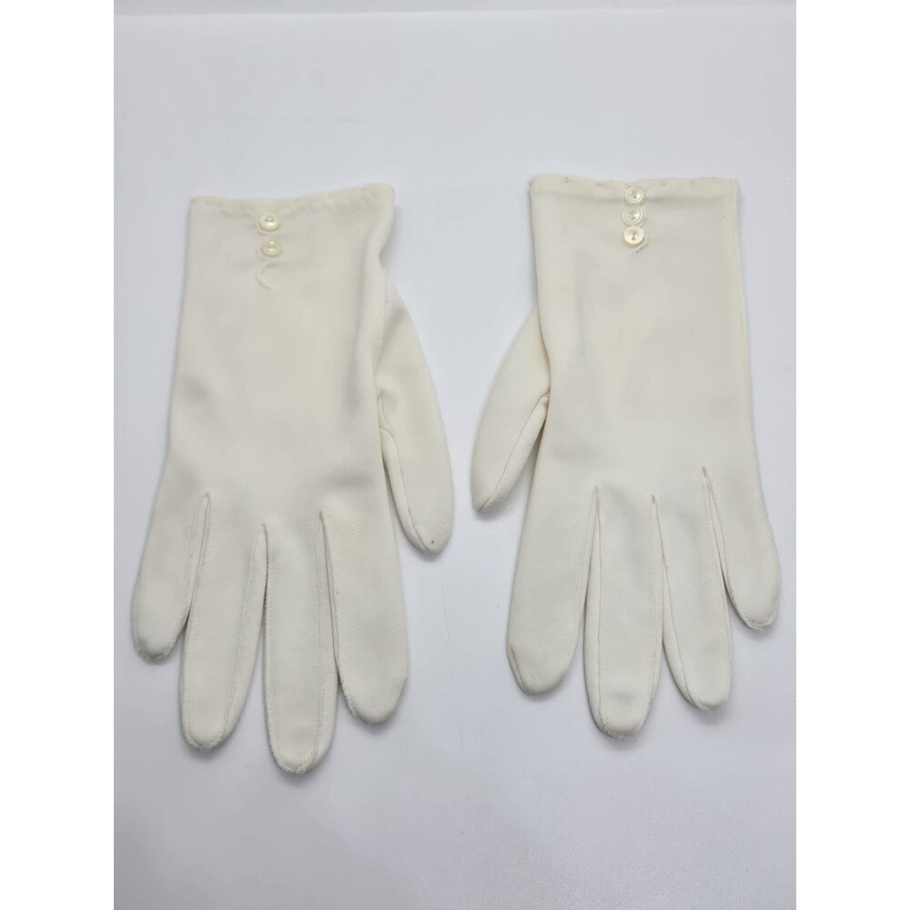 Vintage Beige Nylon Womens Gloves With Buttons